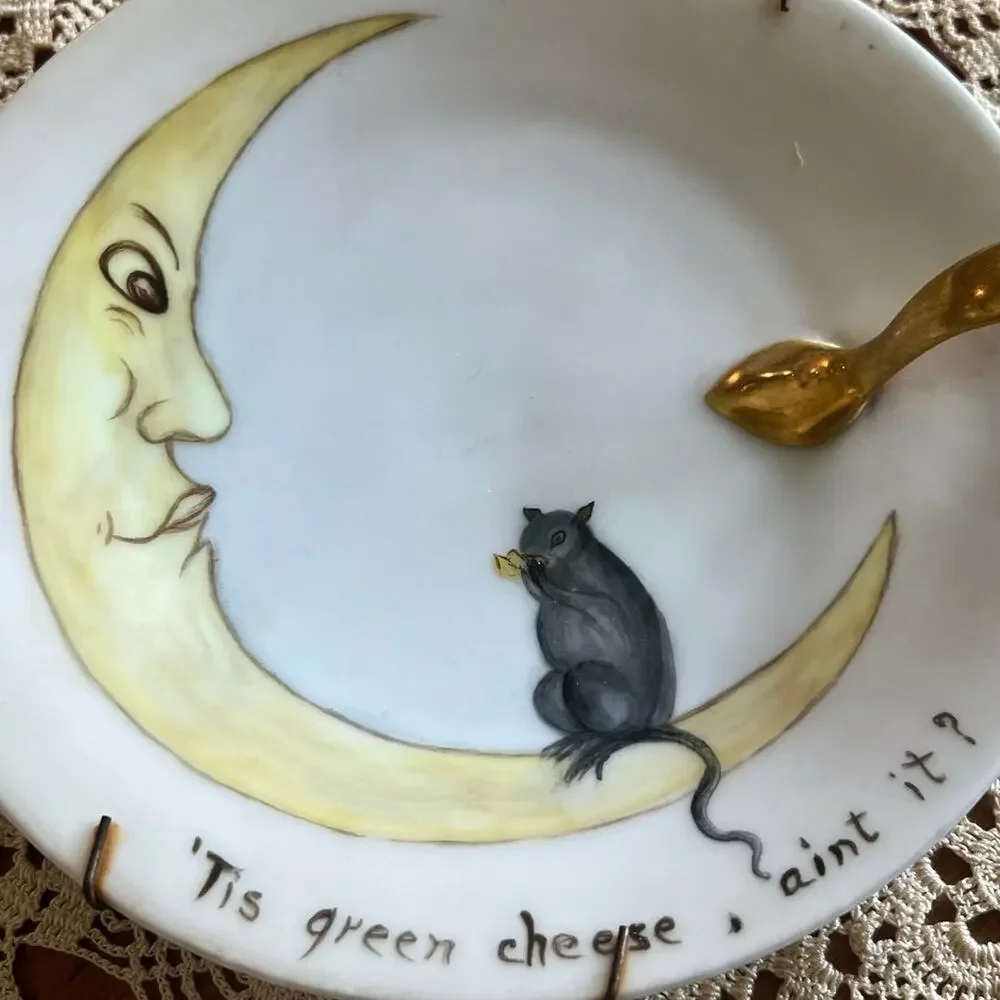 Vintage MCM Royal Bavaria Man in Moon Plate Porcelain Wall Hanging Cheese Quote